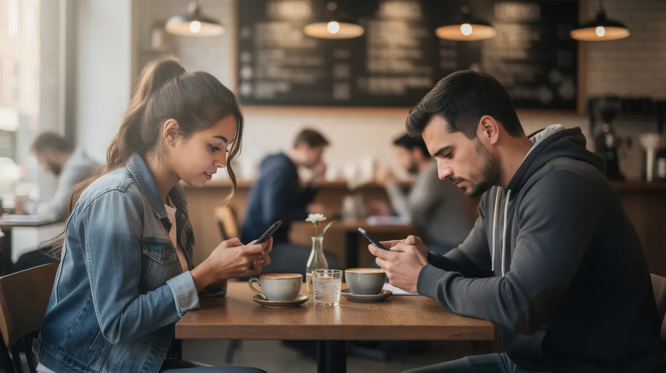 The image depicts two young adults sitting at a coffee shop, both engrossed in their phones during a first date, highlighting the influence of online dating and modern dating trends. Their casual setting reflects everyday life in the digital age, where social media interactions often accompany romantic interests.
