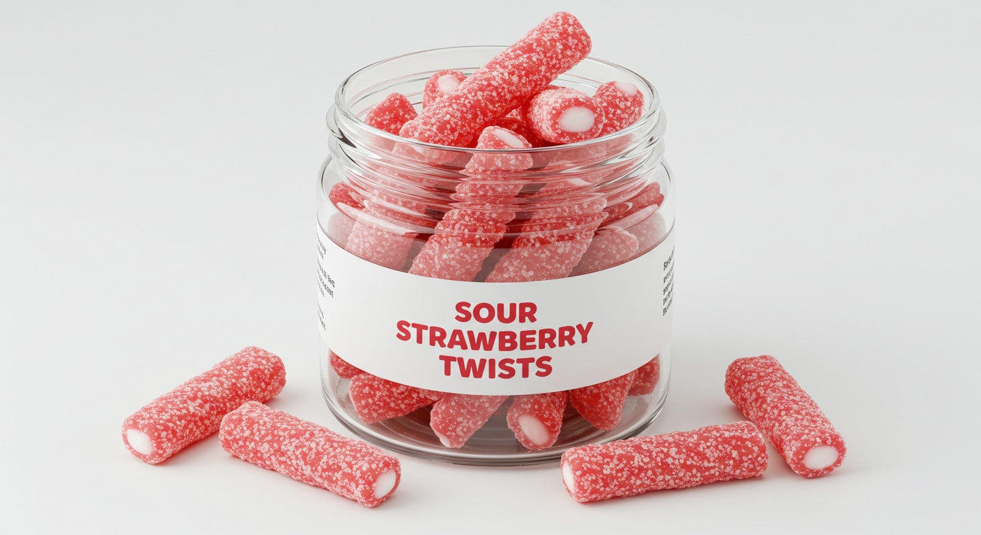 A clear jar filled with Sour Strawberry Twists