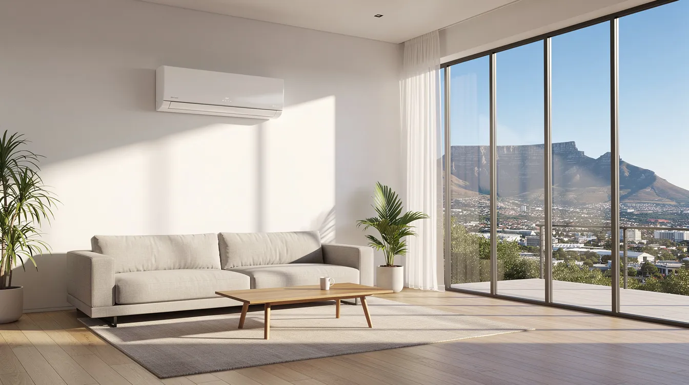 A modern Cape Town lounge features large windows allowing natural light to flood in, showcasing a sleek white wall-mounted inverter split air conditioner. Contemporary furniture complements the space, with a stunning view of Table Mountain in the distance, creating an ideal and comfortable home atmosphere.