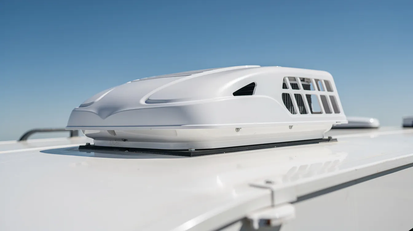 A close-up view of a rooftop RV air conditioning unit on a white motorhome roof, showcasing its control box and communication cables under the bright sun. This AC unit is designed for cooling and heating, ensuring a comfortable temperature inside the RV while working properly on a sunny day.