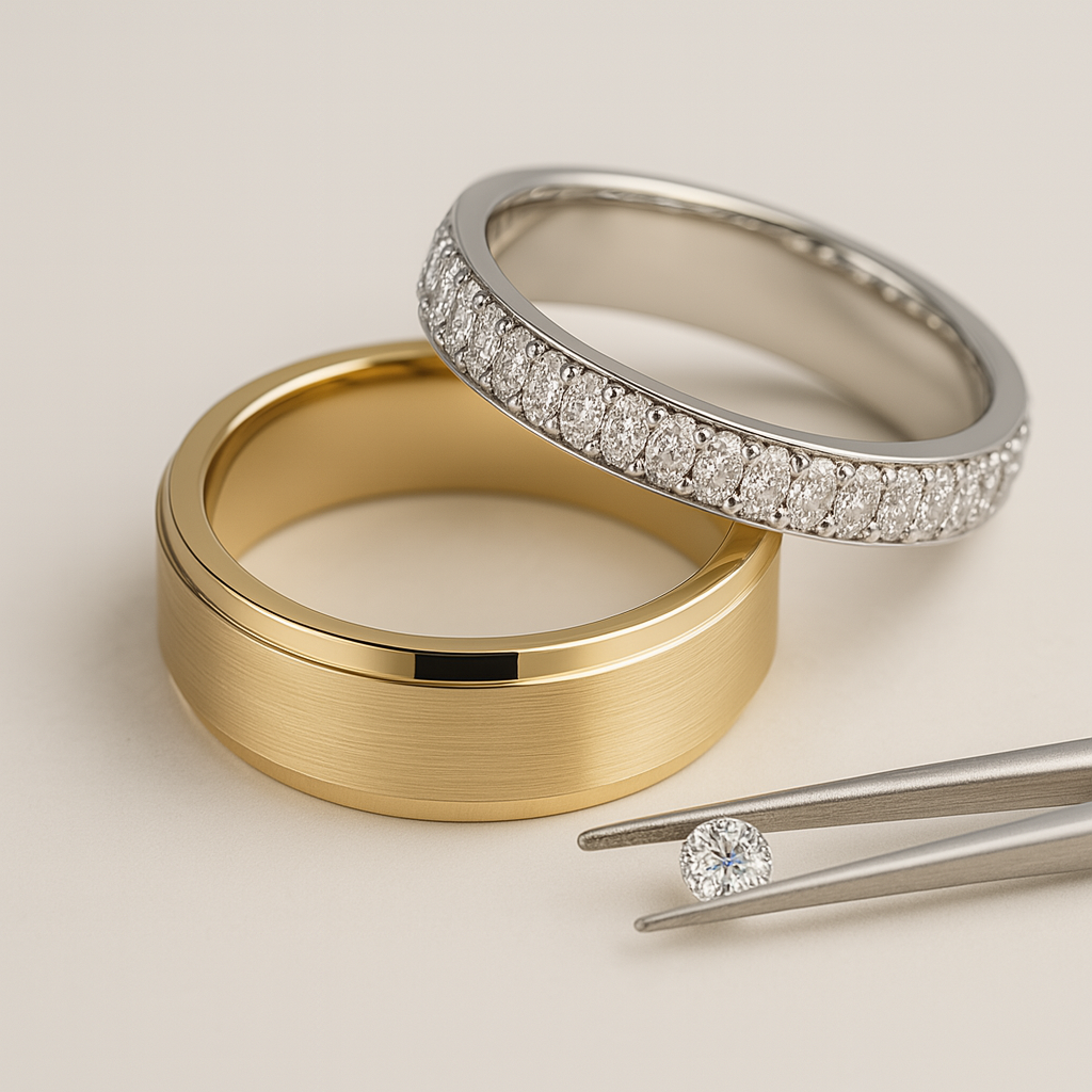 Vestuviniai žiedai - deimantinė juostelė ir geltono aukso modernus vyriškas vestuvinis žiedas