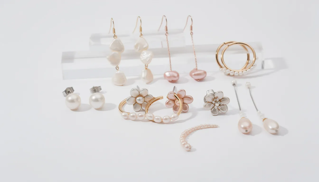 The image showcases a variety of freshwater pearl earrings, featuring different styles and colors, elegantly displayed on a soft fabric background. Each pair highlights the unique luster and texture of the pearls, appealing to potential customers seeking exquisite jewelry options.