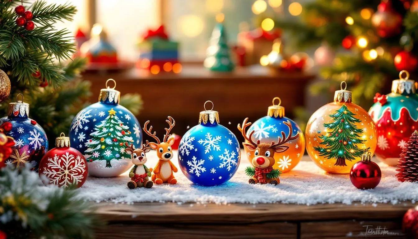 Hand-painted glass ornaments displayed elegantly on a holiday table.