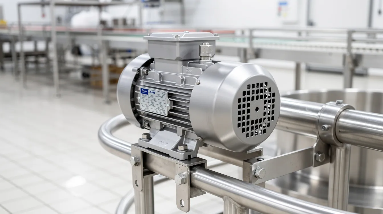 5a6c1c48 d5ed 4cca b109 d44c0b734778 The image shows a close-up view of a robust industrial electric motor mounted on food processing equipment, specifically designed for a besan mill plant. The clean factory environment highlights the high efficiency and low maintenance features of the machinery used for grinding chana dal into fine besan, ensuring consistent quality in production.