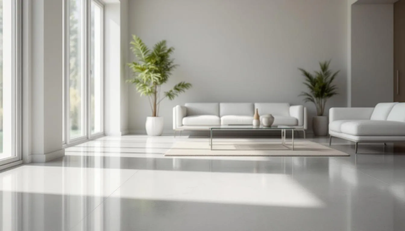 The image features a modern polished concrete floor in a contemporary living space, illuminated by natural lighting, showcasing the aesthetic appeal and durability of polished concrete flooring as a popular choice among flooring options. The high gloss mirror finish enhances the room's design versatility, making it an ideal solution for both residential and commercial spaces.