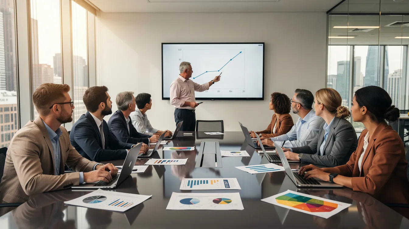 A diverse team of professionals is collaborating around a conference table, equipped with laptops and various presentation materials. They are engaged in a dynamic discussion, showcasing the importance of teamwork and effective communication in achieving their goals.