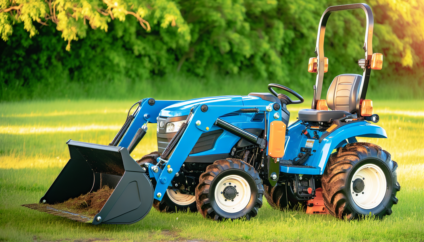 A compact utility tractor with a front loader and bucket attachment