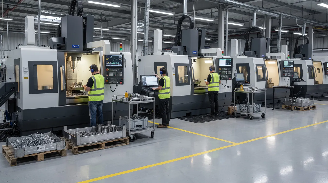 The image shows a factory floor filled with multiple CNC machines arranged in a production cell, where operators are actively monitoring screens to ensure process efficiency and meet customer demand. This setup highlights the importance of optimizing cycle time and tracking cycle times to improve overall production processes and enhance customer satisfaction.