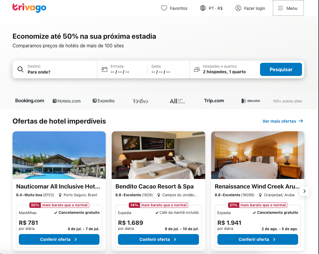 Busca de hotéis no Trivago mostra resultados de parcerias de afiliados com plataformas de reserva