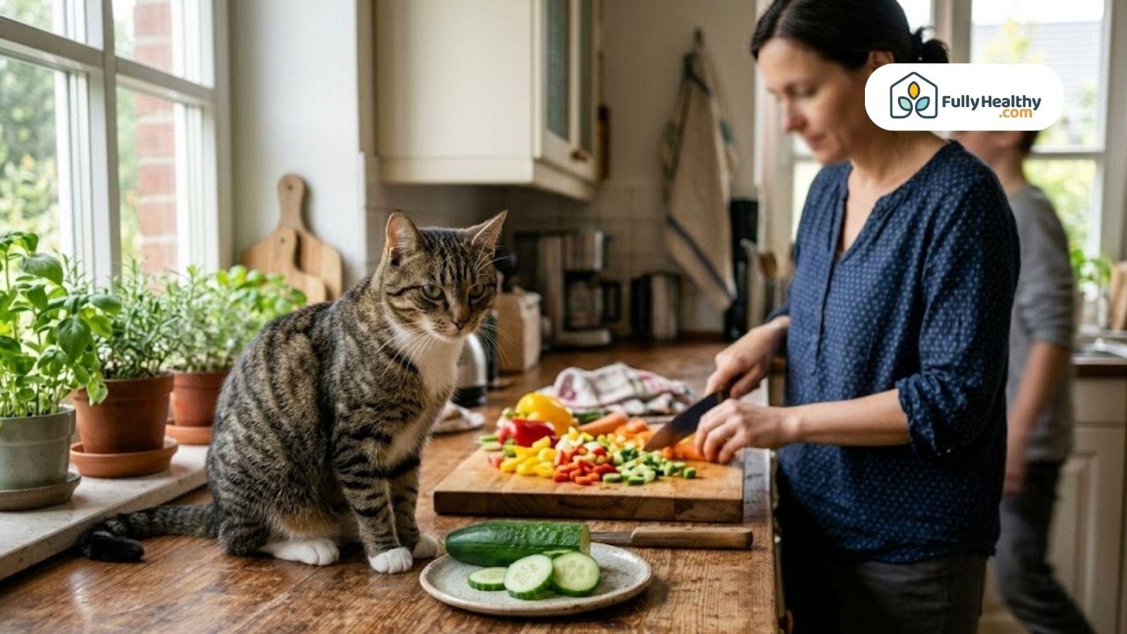 Tabby cat sitting on kitchen counter next to fresh cucumber slices while owner prepares vegetables.