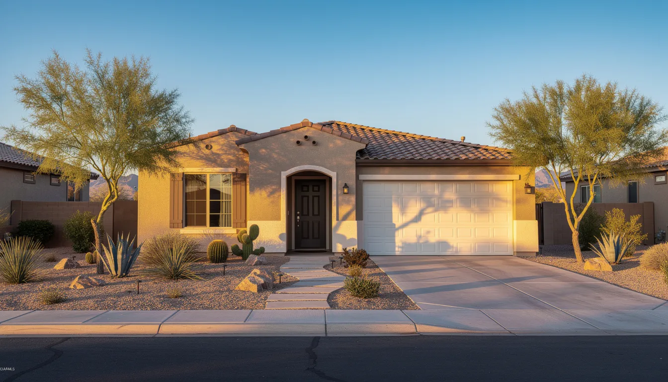The image depicts a typical Phoenix suburban ranch-style home featuring a stucco exterior and desert landscaping, with cacti and gravel surrounding the property. The house is bathed in direct sunlight, highlighting its smooth surfaces and the simplicity of the design, which is common in this region.