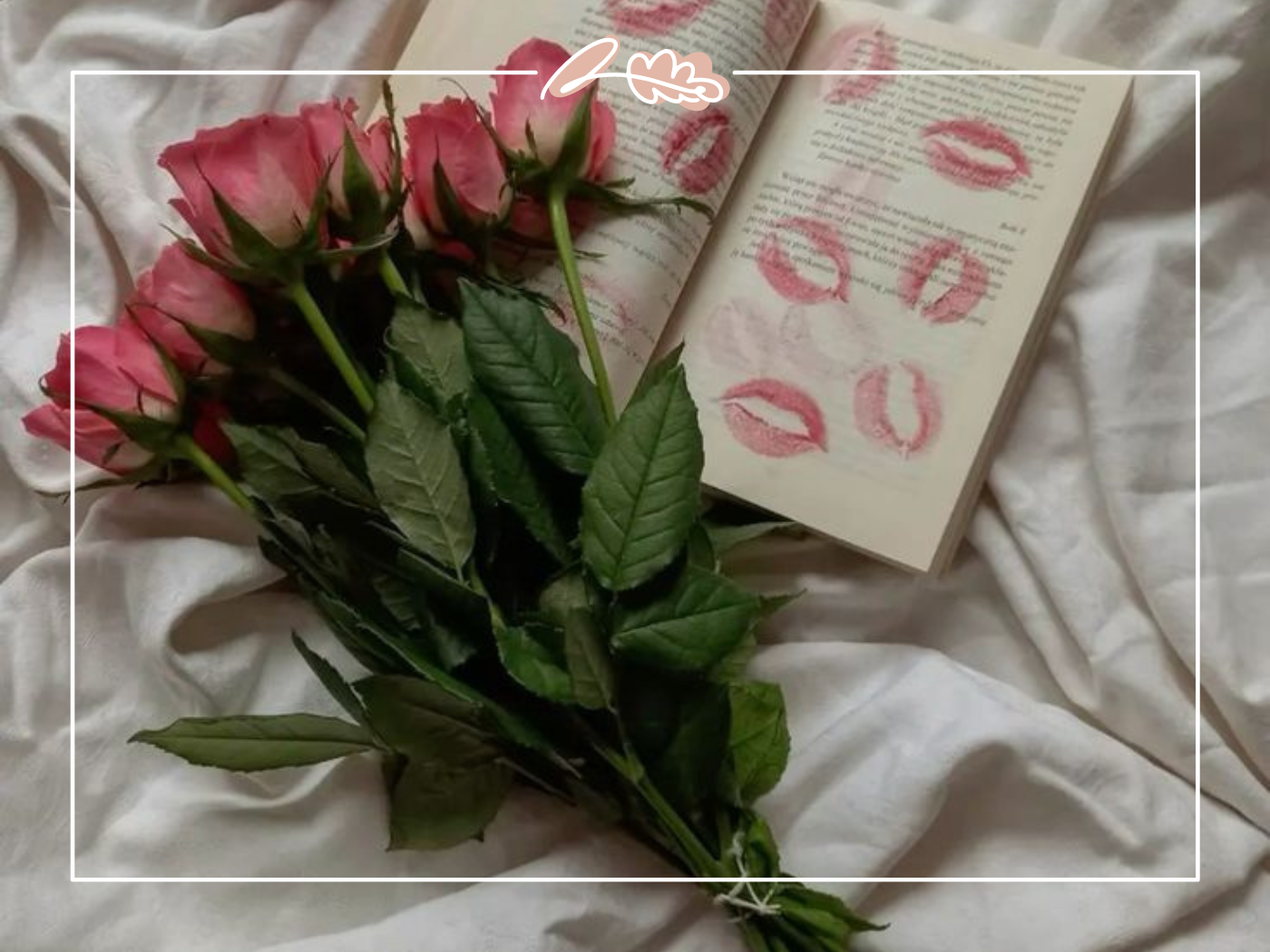 A bouquet of pink roses next to an open book, with lipstick marks on the pages. Fabulous Flowers and Gifts.