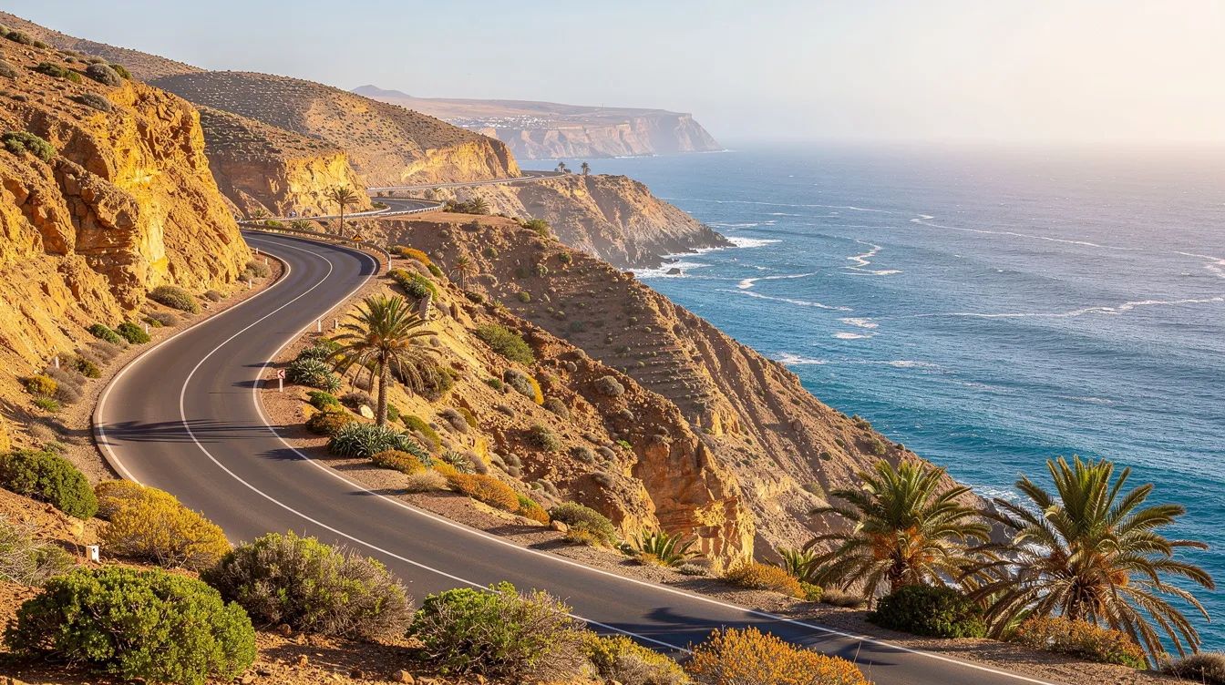 Un'incantevole strada costiera marocchina si snoda tra curve panoramiche, circondata da vegetazione lussureggiante e con una vista mozzafiato sull'oceano Atlantico. Questo scenario è ideale per chi desidera noleggiare un'auto ad Agadir e esplorare le splendide spiagge e montagne della regione.
