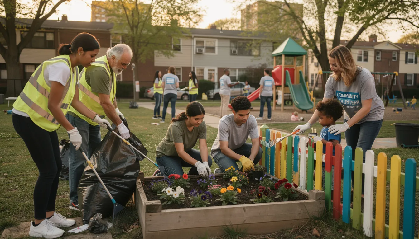 A diverse group of people is engaged in community service, working together to uplift their local environment and foster human values. This shared experience highlights the spiritual dimension of compassion and connection among individuals, emphasizing the importance of personal growth and a deep sense of purpose in daily life.