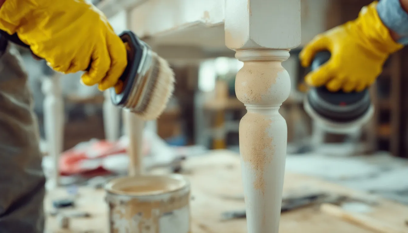 Painting the legs of a dining room table with a fresh coat of paint.