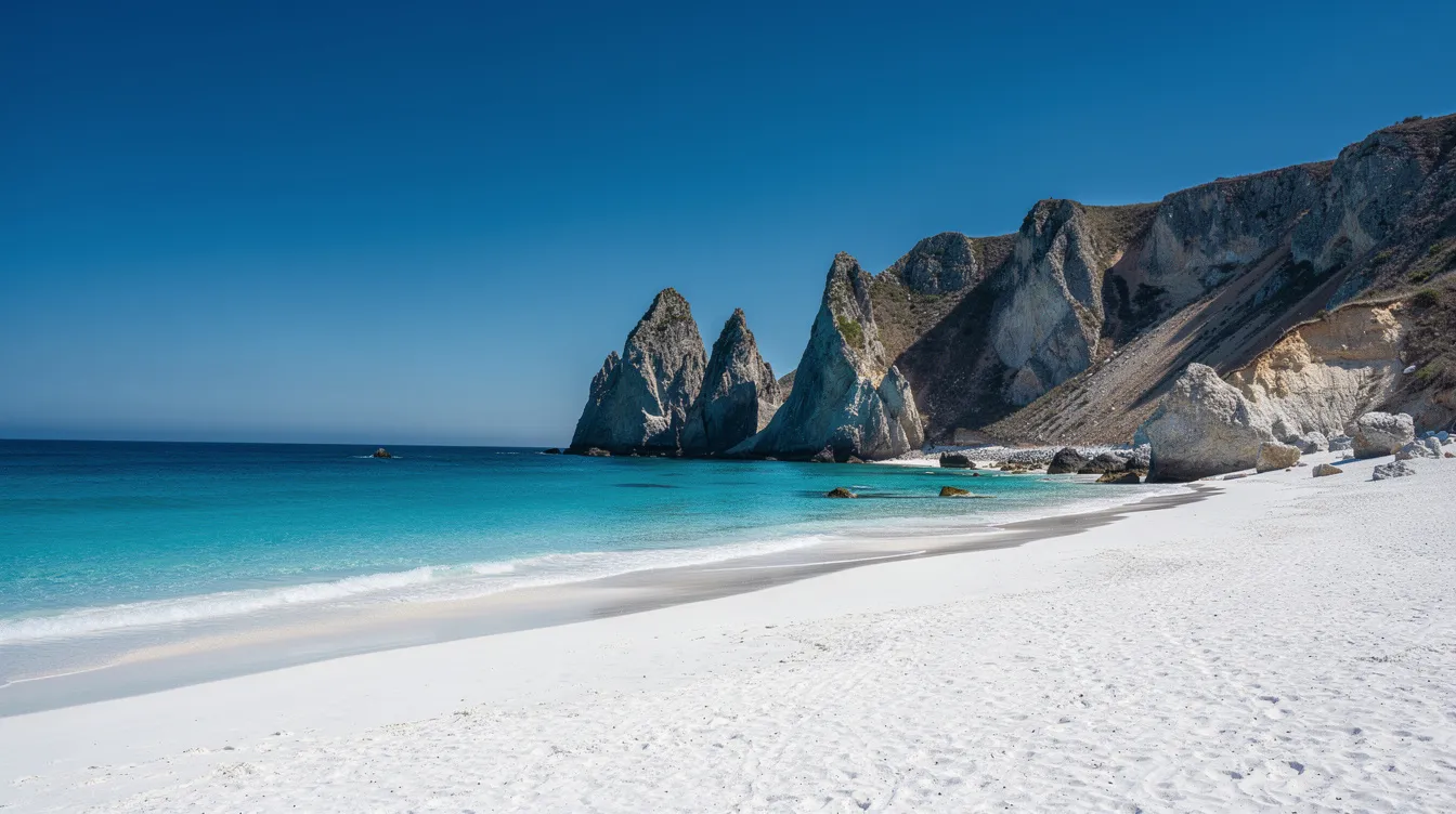 A imagem mostra uma praia de areia branca com águas turquesas, cercada por formações rochosas ao fundo sob um céu azul claro. Este cenário paradisíaco é típico da Tailândia, atraindo turistas em busca de tranquilidade e beleza natural.