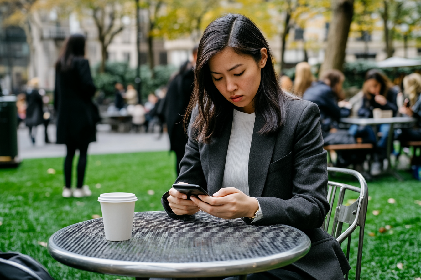 Woman sitting alone in Bryant Park reflecting on mental health challenges common among high-achieving New York professionals seeking CBT