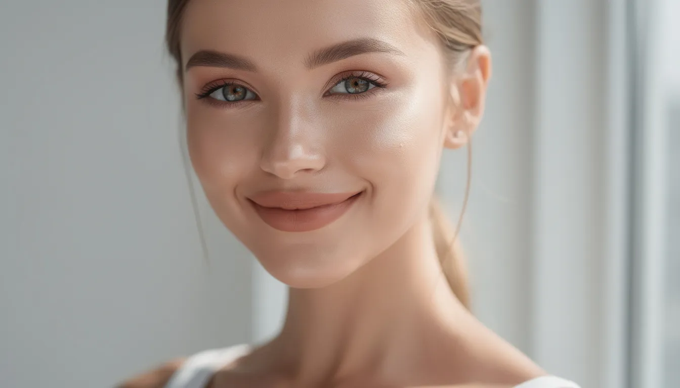 Na zdjęciu widoczna jest kobieta z zdrową, promienną skórą twarzy, która odbija naturalne światło, podkreślając jej jędrność i elastyczność. Efekty zabiegu z kwasem polimlekowym są widoczne w gładkości jej cery oraz w naturalnym liftingu skóry, co przyczynia się do młodzieńczego wyglądu.