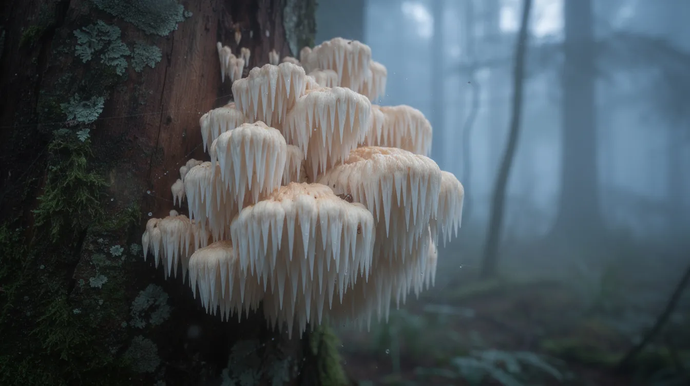 A cluster of lion's mane mushrooms, known for their potential benefits in supporting brain health and cognitive function, grows on a weathered tree trunk amidst a misty forest. The unique, fluffy appearance of the mushrooms contrasts against the rich, earthy tones of the tree bark and the surrounding foliage.