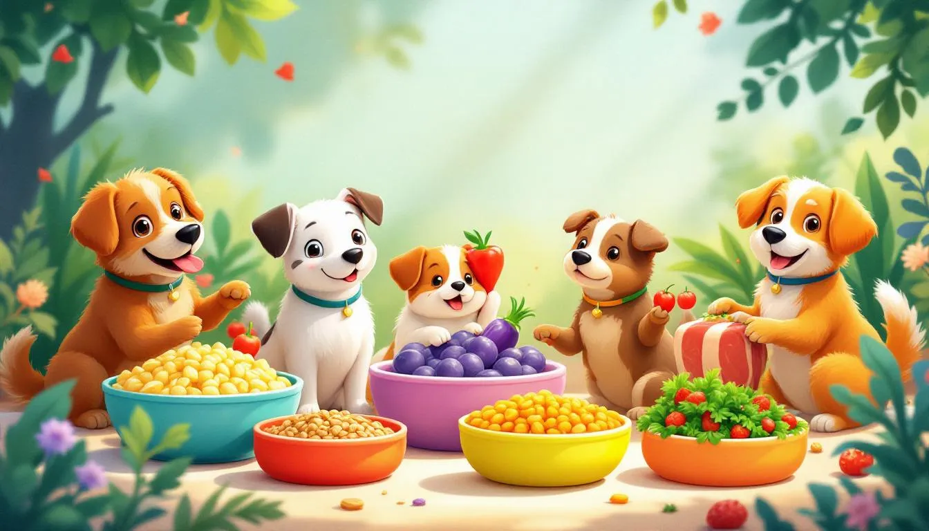 A variety of natural dog food options displayed in bowls.