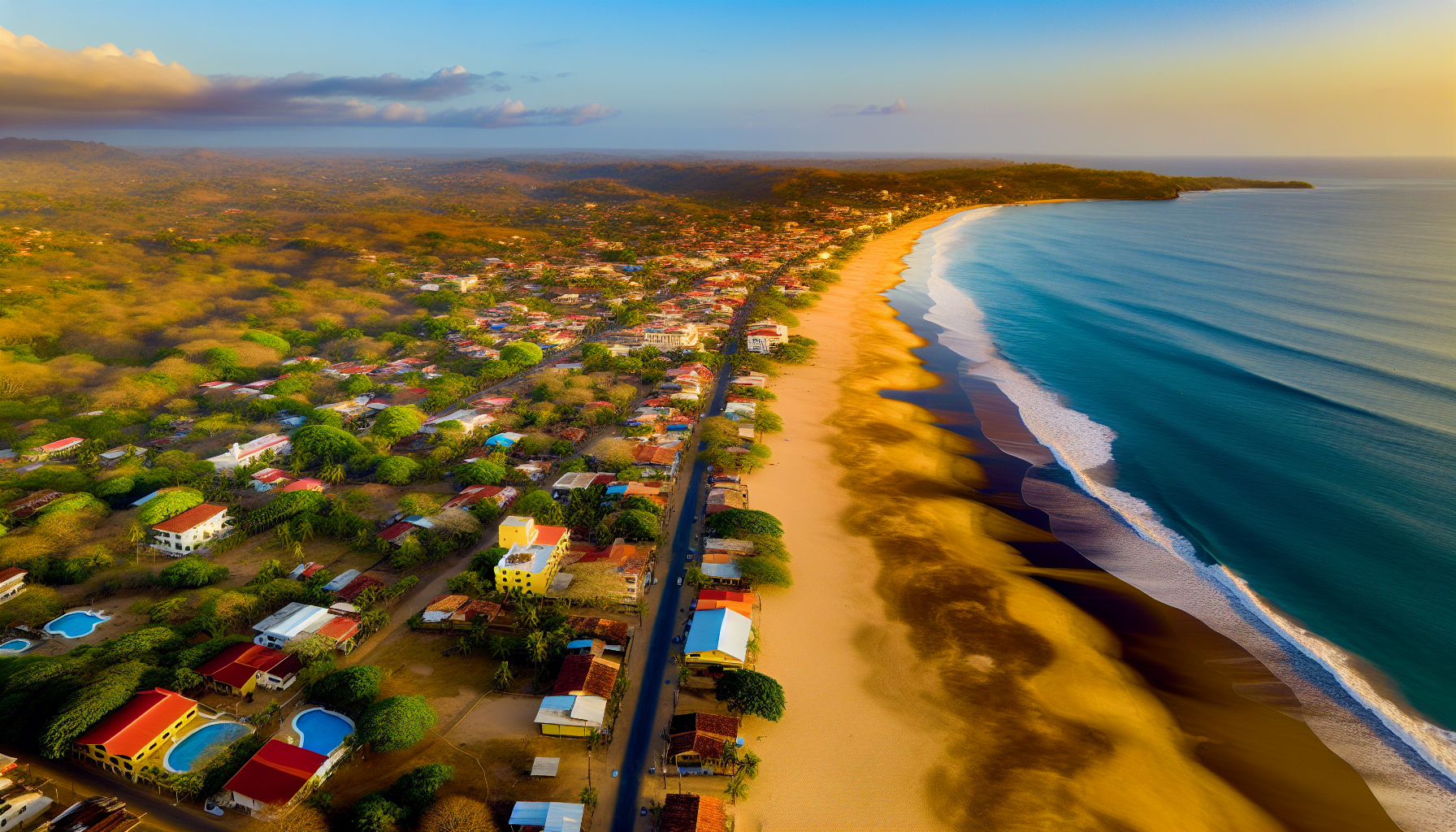 Aerial view of Playa Tamarindo with golden sand and the Pacific Ocean