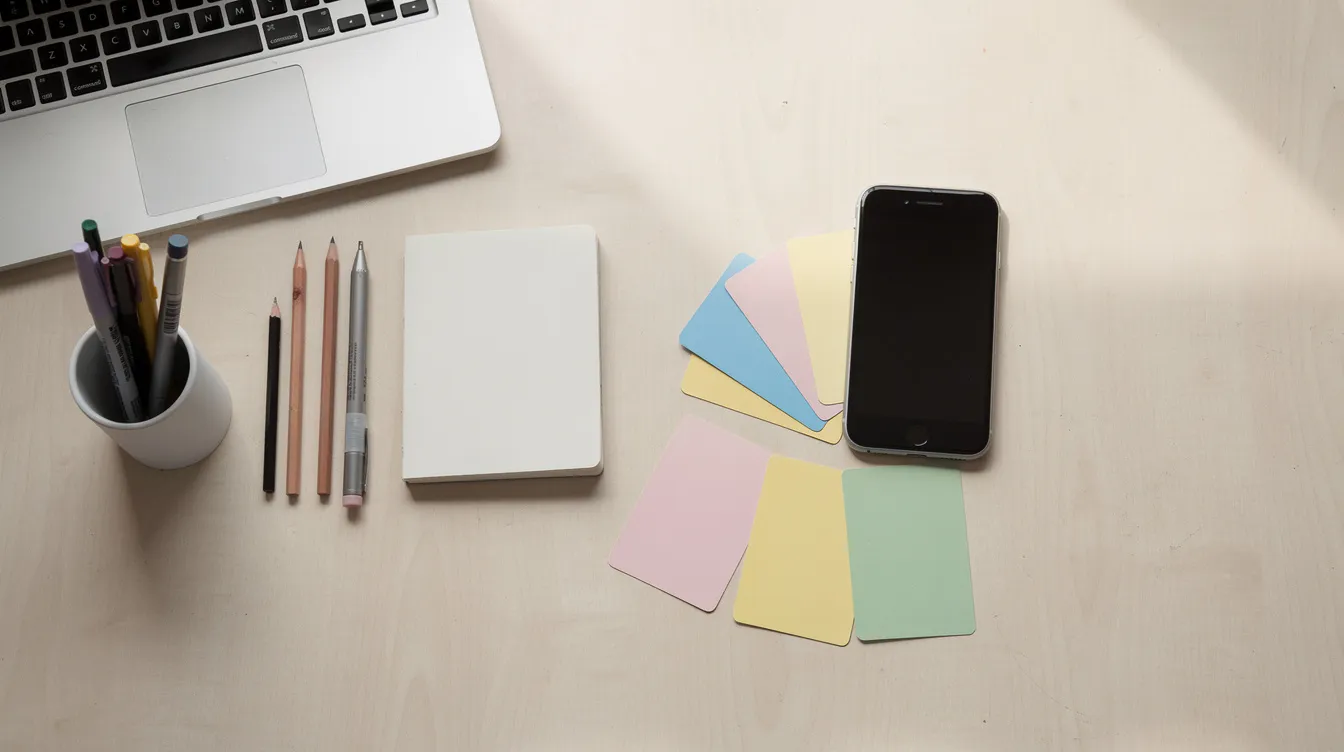 The image features a collection of blank colorful loyalty cards arranged beside a smartphone, set against a small design workspace. This scene suggests a focus on creating custom loyalty cards that enhance customer experience and encourage repeat business for small businesses.