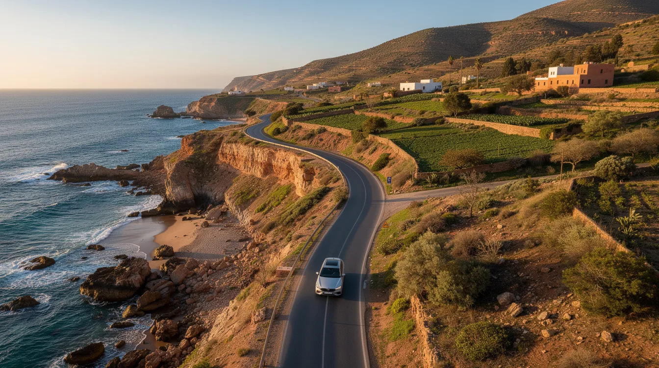 Een luchtfoto toont een auto die over een schilderachtige kustweg in Marokko rijdt, omringd door een blauwe oceaan en groene heuvels. Deze ideale auto biedt de vrijheid om te genieten van de prachtige bestemming zonder verborgen kosten of gedoe.