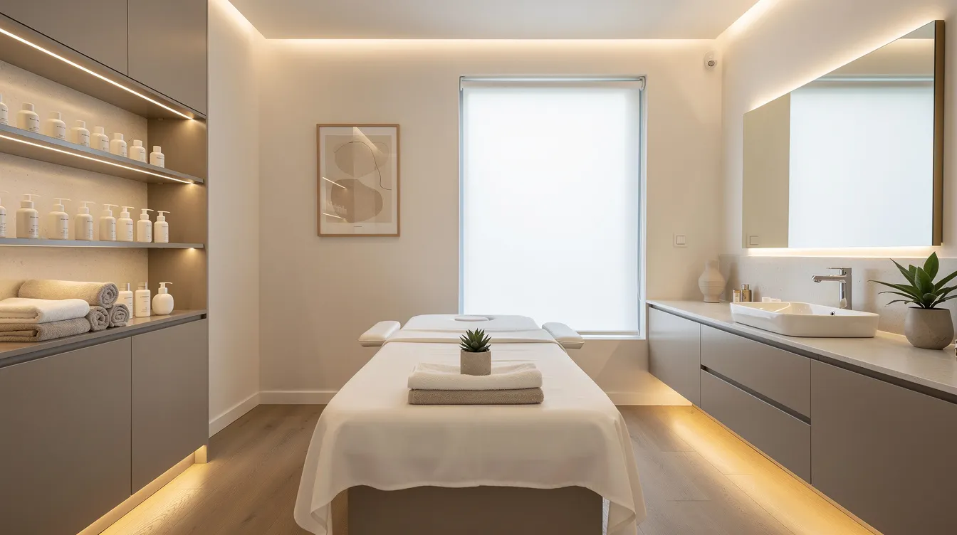 The image depicts a calm and modern treatment room with soft lighting, designed to enhance clients' natural beauty through advanced treatments. This premier medical spa in Philadelphia offers a serene environment where patients can feel comfortable while receiving exceptional services tailored to their aesthetic goals.