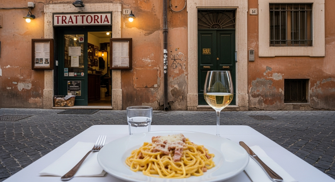 A simple Roman trattoria meal with a classic pasta dish on a quiet side street in Rome, reflecting the city’s straightforward and traditional approach to food.