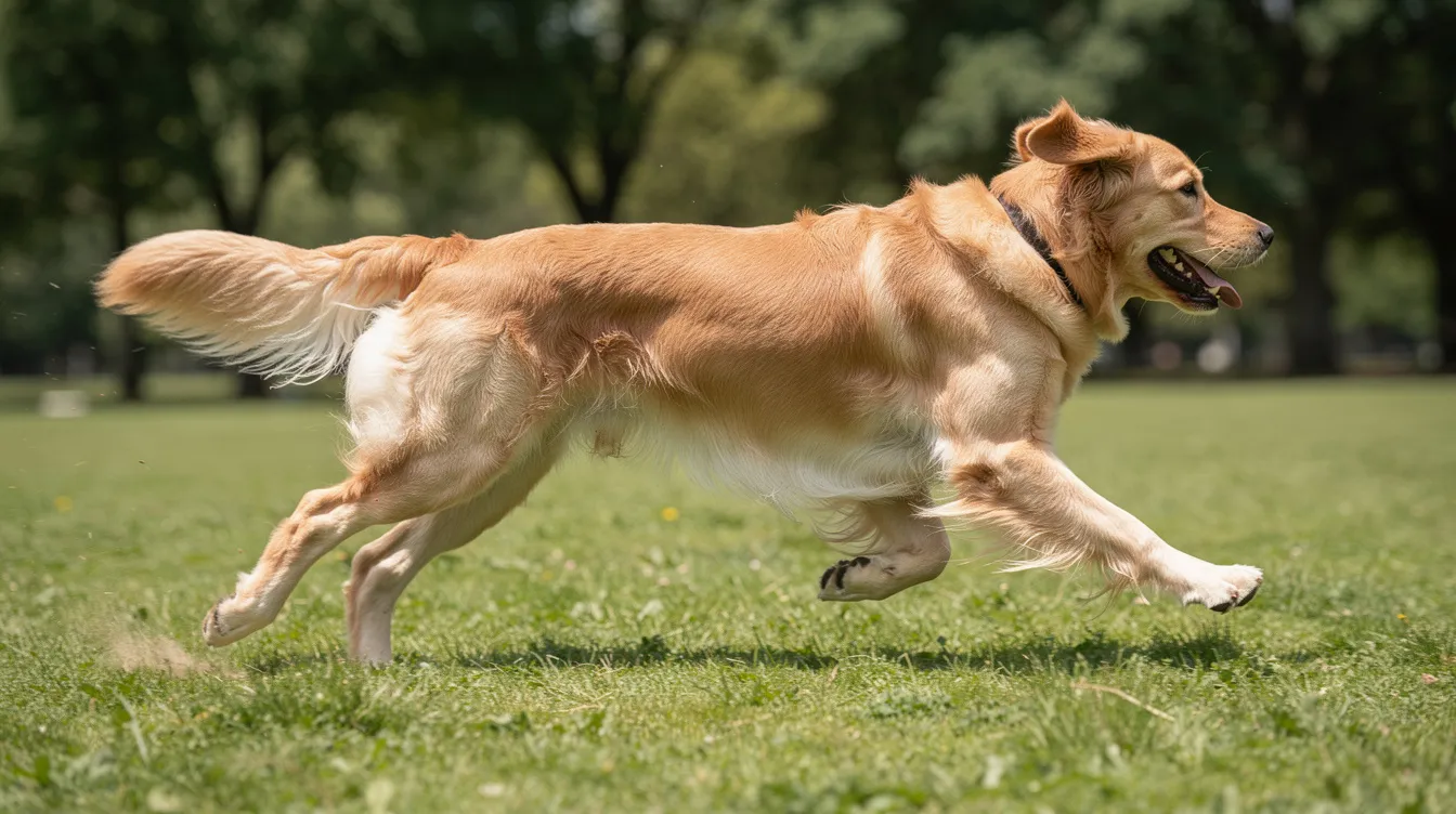 A large golden retriever dog is joyfully running across a grassy field, showcasing its healthy hips and fluid movement of its back legs. This image highlights the importance of maintaining a healthy weight and preventing hip dysplasia in dogs, especially in larger breeds.
