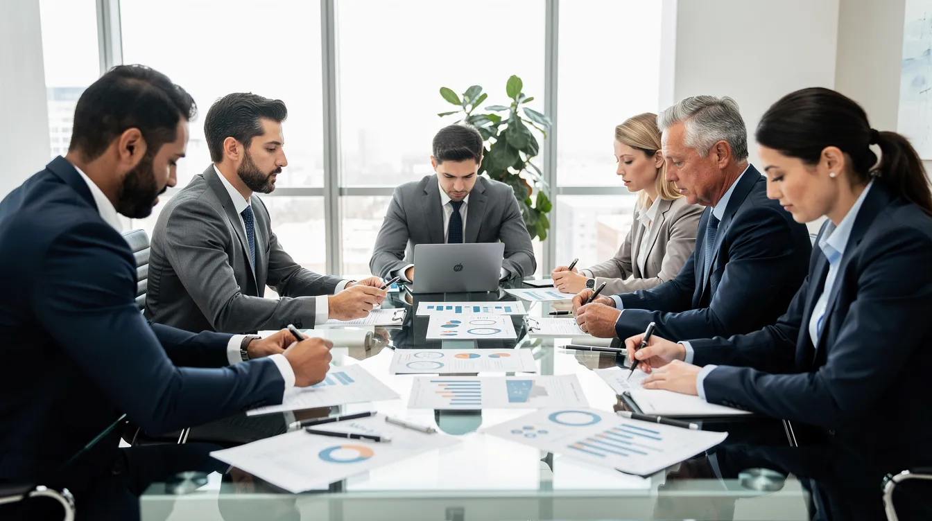 The image shows a group of business professionals gathered around a conference table, intently reviewing financial documents related to the employee retention tax credit. They are engaged in discussion, likely assessing eligibility for ERC claims and strategizing on maximizing benefits for their businesses.