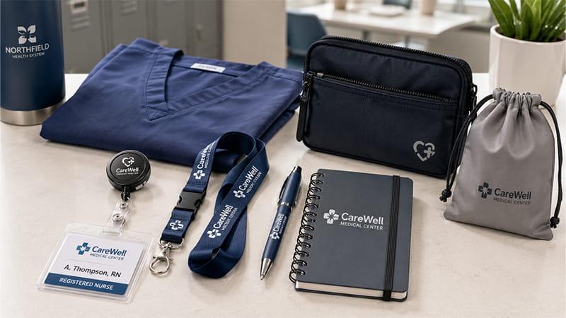 Daily use nurse gifts such as lanyards, pens, notebooks and badge reels for hospital staff onboarding and healthcare training programs