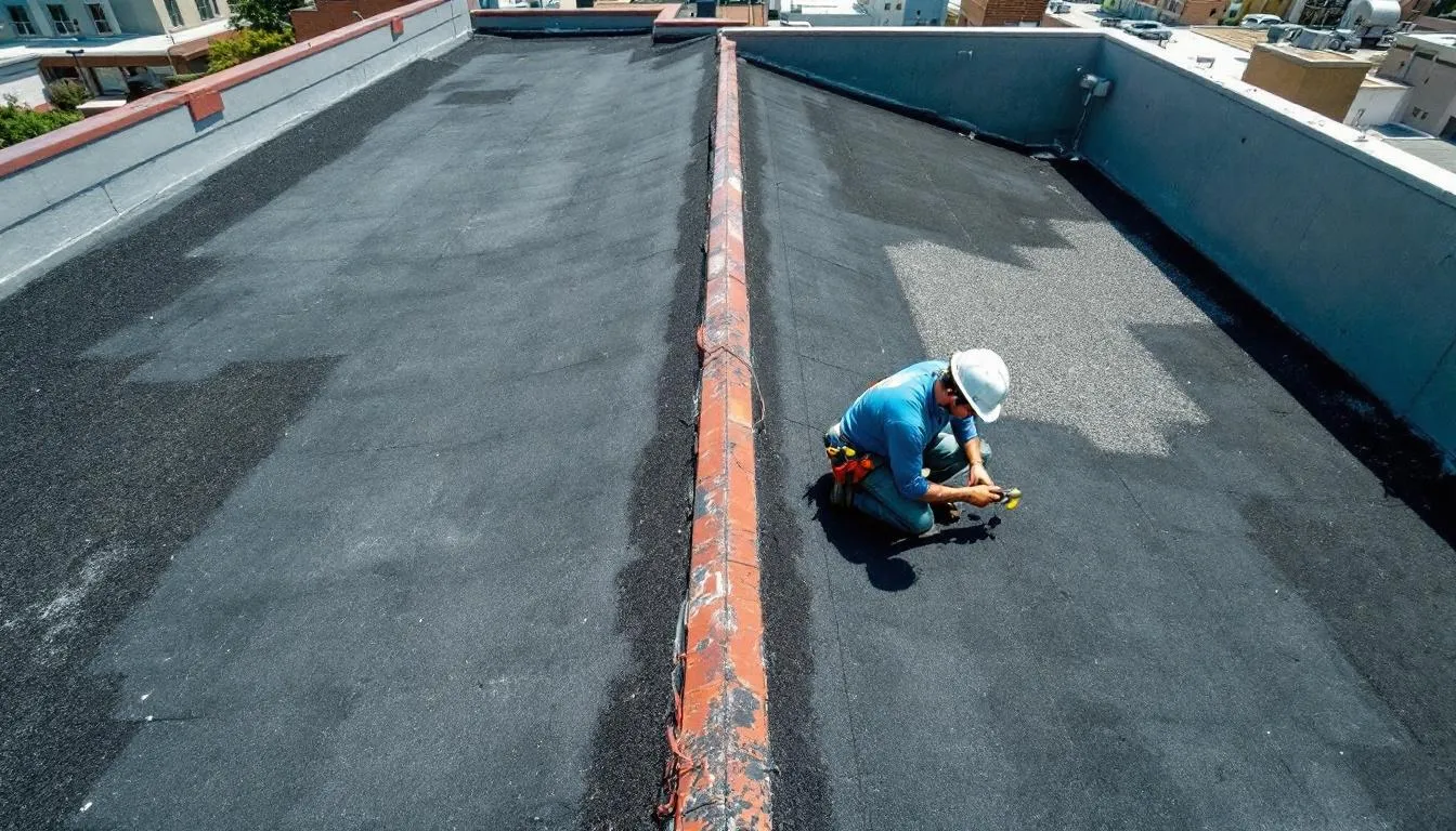 An aerial view of a commercial roof shows a roofer working diligently on the roofing system, wearing a white construction hat. The image highlights the various roofing materials used in commercial buildings, emphasizing the importance of proper installation and maintenance for commercial roof replacements.