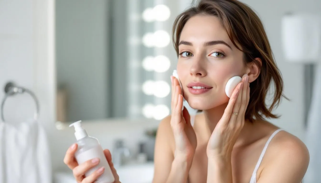 The image shows a person gently washing their face using goat milk soap, demonstrating a proper technique that emphasizes care for sensitive skin. This method aims to remove dead skin cells while maintaining healthy skin, particularly for those managing rosacea symptoms.