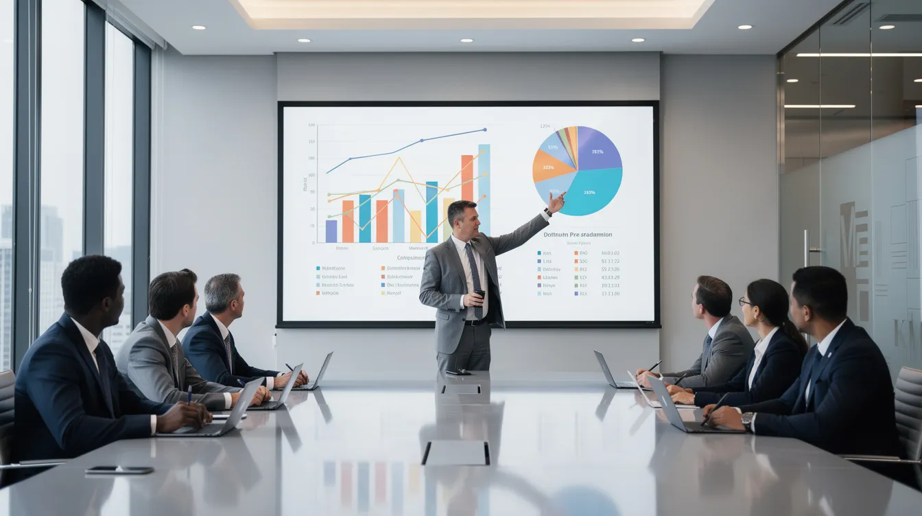 A professional is presenting data visualization on a large screen in a modern conference room, showcasing various chart types including a pie chart and a bar chart to communicate important data points. Colleagues are engaged, focusing on the data presentation to understand the key message and insights being shared.