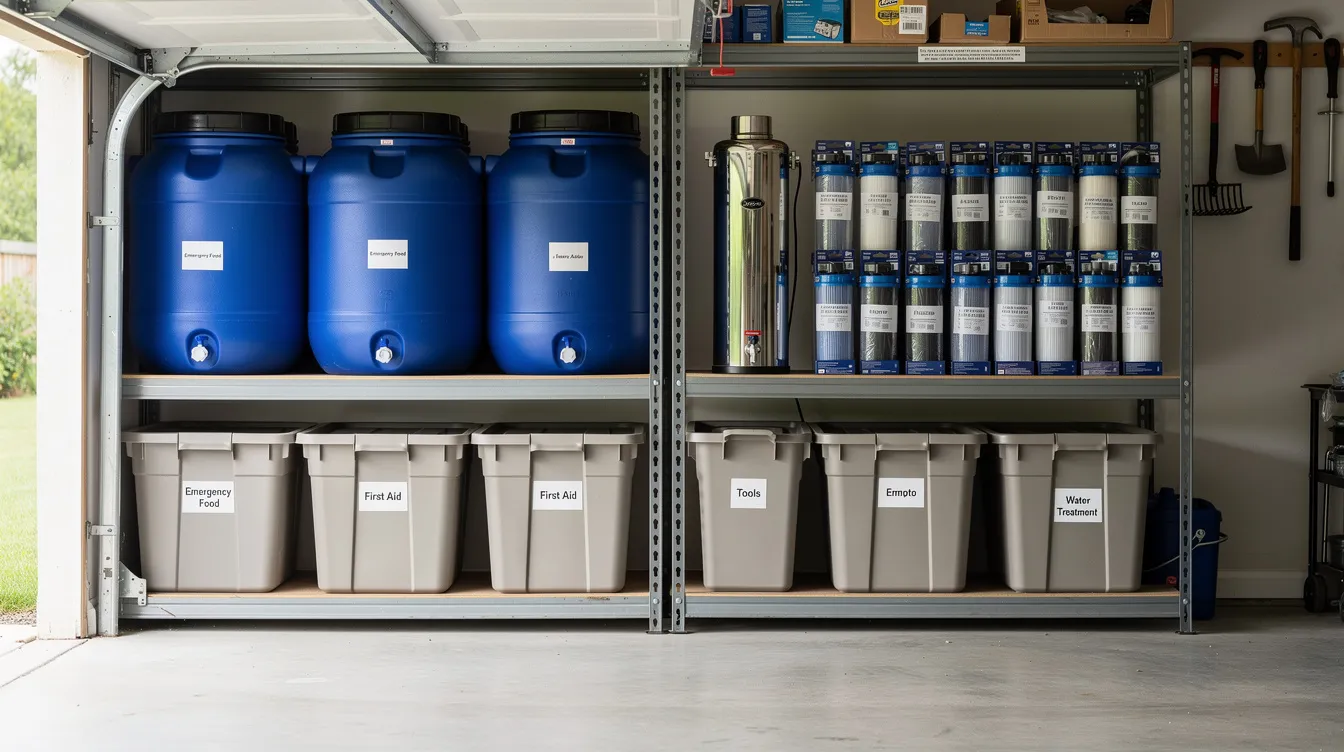 The image shows a neatly organized garage shelf featuring blue water storage barrels, a stainless steel gravity filter, spare cartridges for replacement filters, and labeled bins containing essential emergency supplies. This setup ensures easy access to portable water filters and tools for purifying water in emergency situations, promoting safe drinking water for extended periods.