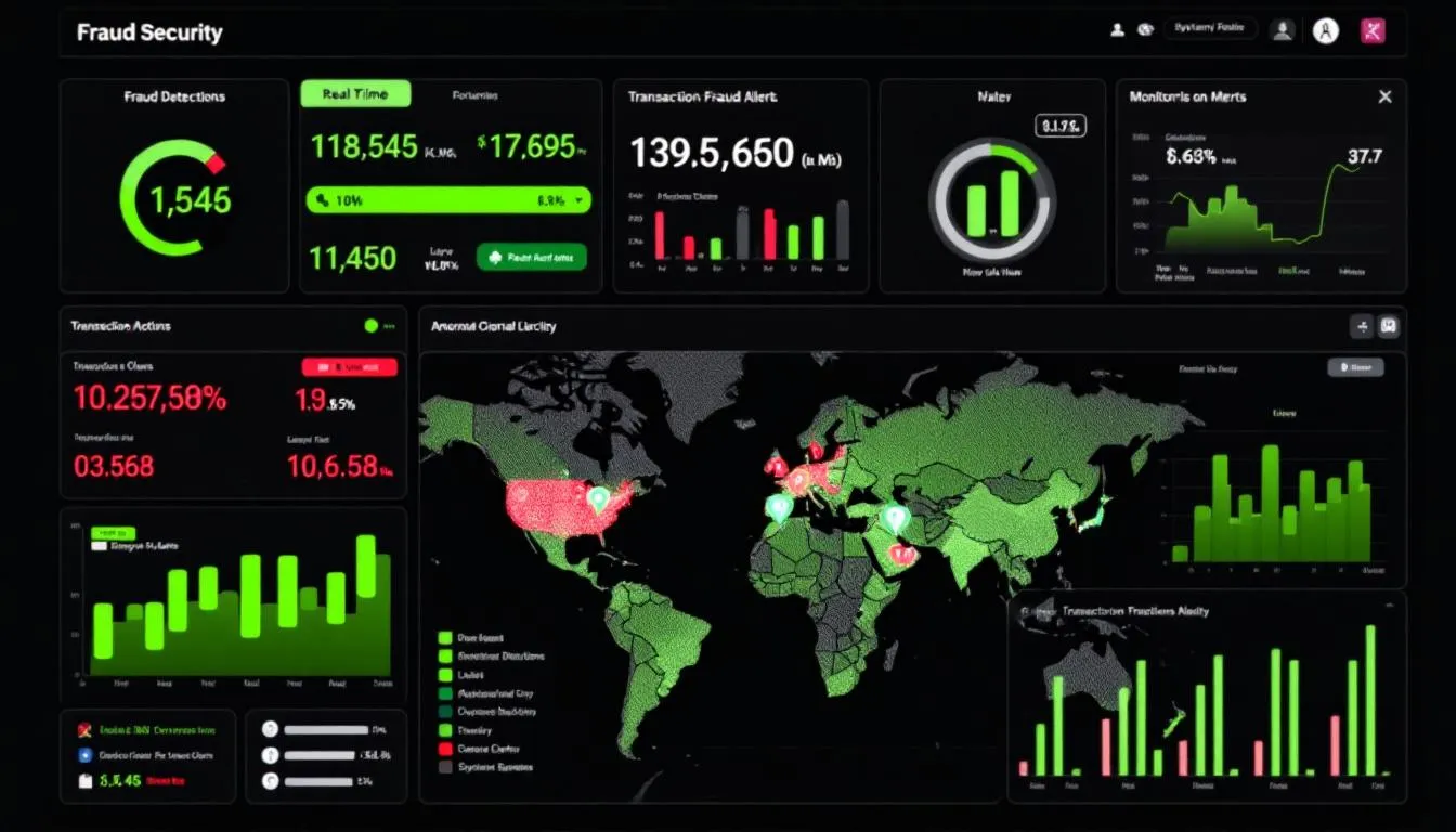 The image depicts a security dashboard displaying various fraud detection metrics and real-time monitoring tools, essential for ensuring secure transactions within buy now pay later (BNPL) platforms. It highlights critical data points related to user behavior and credit risk assessment, crucial for BNPL providers to maintain operational efficiency and user trust.