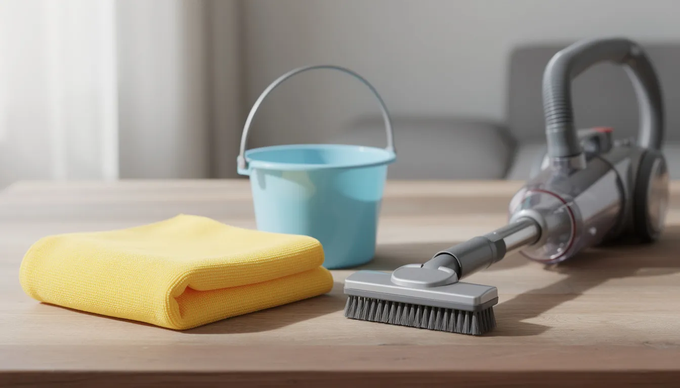 How to Clean Mitsubishi Heat Pump Filters 3 A table is set with various cleaning supplies, including a microfiber cloth, a small bucket, and a vacuum cleaner with a brush attachment, all essential for maintaining the efficiency of a Mitsubishi heat pump. These tools help in removing dust and other airborne particles, ensuring optimal performance and airflow in your air conditioning system.