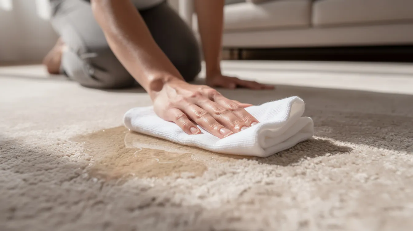 A person is gently blotting a fresh spill on a light beige carpet using a clean white cloth, demonstrating the careful technique often recommended for effective stain removal. This method is essential for lifting tough stains without damaging the carpet fibers.