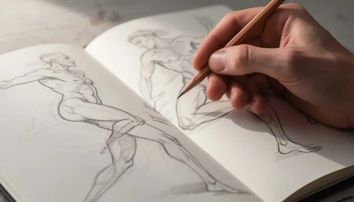 A hand is holding a pencil above a sketchbook filled with loose, flowing gesture drawings of human figures in various poses, showcasing the artist's drawing skills and capturing the essence of life and movement. This image reflects the practice and community of figure drawing, inviting viewers to appreciate the art and details involved in creating dynamic characters.