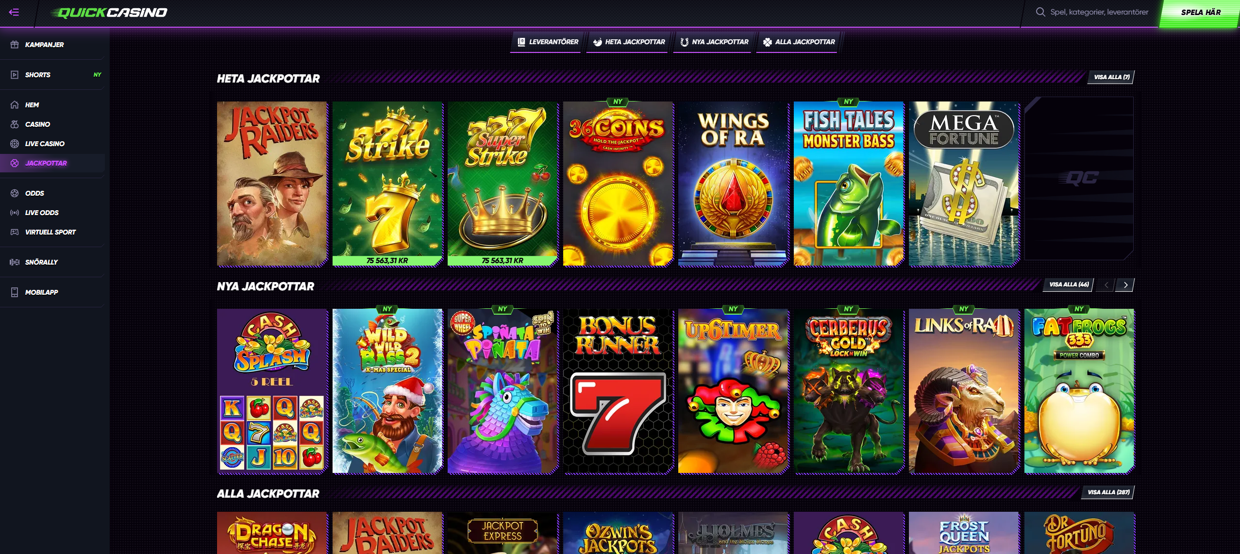 Quick Casinos jackpottsektion med heta, nya och övriga jackpotspel.