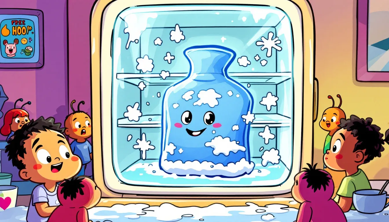 A hot water bottle placed inside a freezer, demonstrating the risks of freezing it.