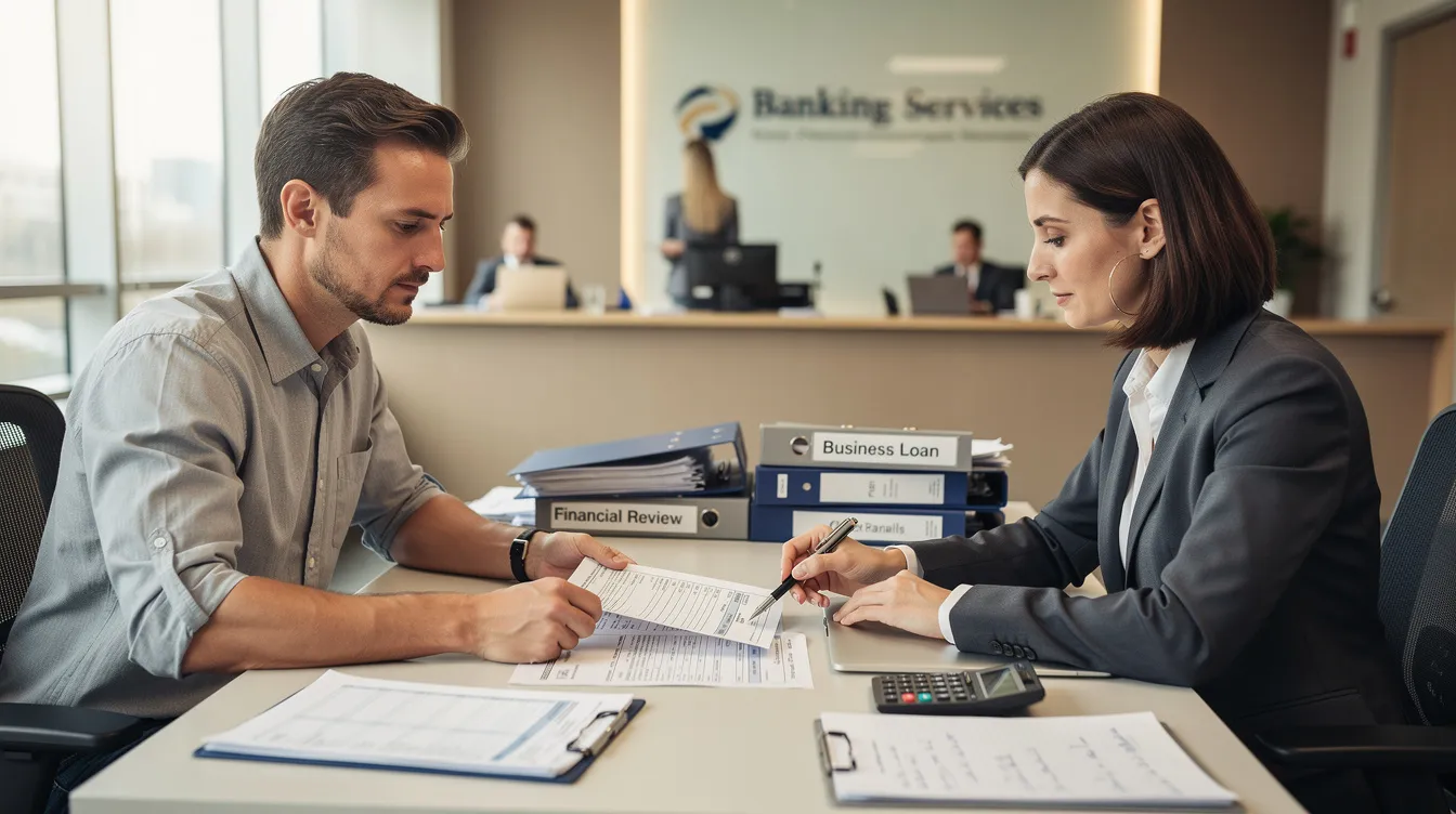 The image depicts a small business owner engaged in a discussion with a bank officer while reviewing documents across a desk, highlighting the importance of financing options such as mudra loans for micro enterprises. This scene signifies the collaboration between entrepreneurs and financial institutions to support the growth of beneficiary micro units under schemes like the Pradhan Mantri Mudra Yojana.