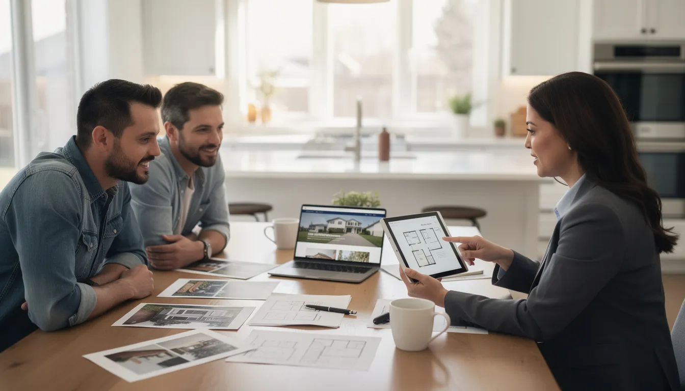 A real estate agent is seated at a kitchen table with clients, discussing various off-market listings and property types in Connecticut. They are engaged in a conversation about strategies to navigate the fierce competition among buyers and explore potential deals.