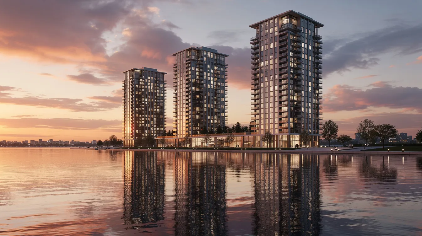 The image depicts modern glass condominium towers, known as Mirabella, standing majestically by the shore of Lake Ontario, with vibrant sunset reflections shimmering on the water. Residents can enjoy amenities such as an indoor pool, yoga studio, and party room while watching summer sunsets from the pool deck.