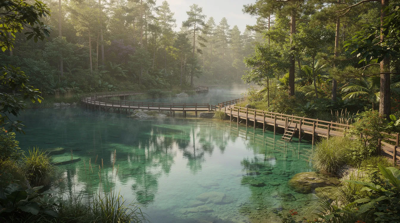 A imagem mostra lagos de águas verde-esmeralda, rodeados por florestas densas, com passarelas de madeira que permitem a exploração da natureza exuberante. Este cenário remete a destinos paradisíacos, como os encontrados na Croácia, ideal para amantes da natureza e do turismo.