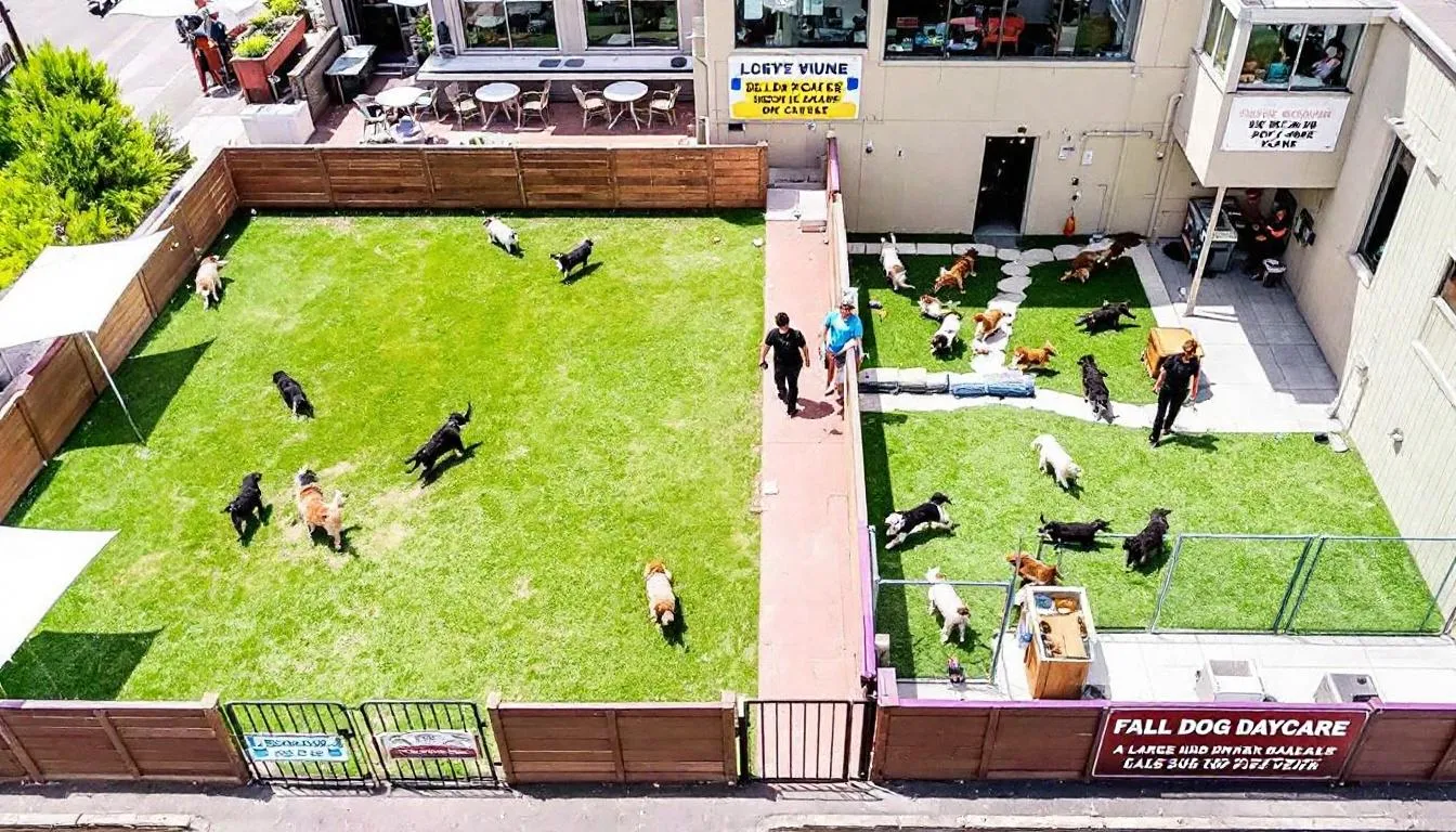 In a dog daycare facility, large and small dogs are happily playing in separate, designated areas, ensuring size-appropriate grouping for their safety and socialization. This setup promotes healthy weight and mental stimulation, allowing pets to enjoy their doggie day while engaging in fun activities with other dogs.
