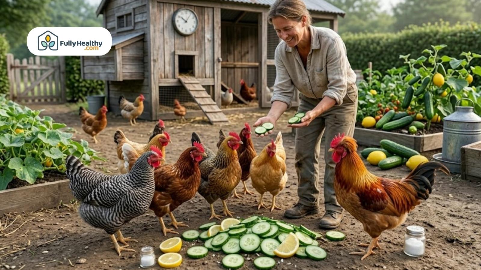 Woman feeding sliced cucumbers to chickens in backyard coop