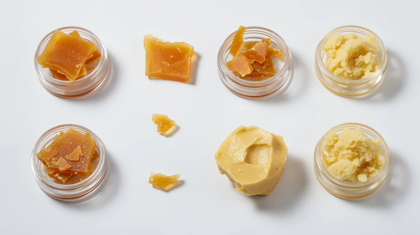 The image features various types of CBD concentrates, including wax and crumble, neatly arranged on a clean white surface. These concentrated forms of cannabis are popular among CBD users for their potent effects and fast-acting nature, often consumed using dab rigs or pens.