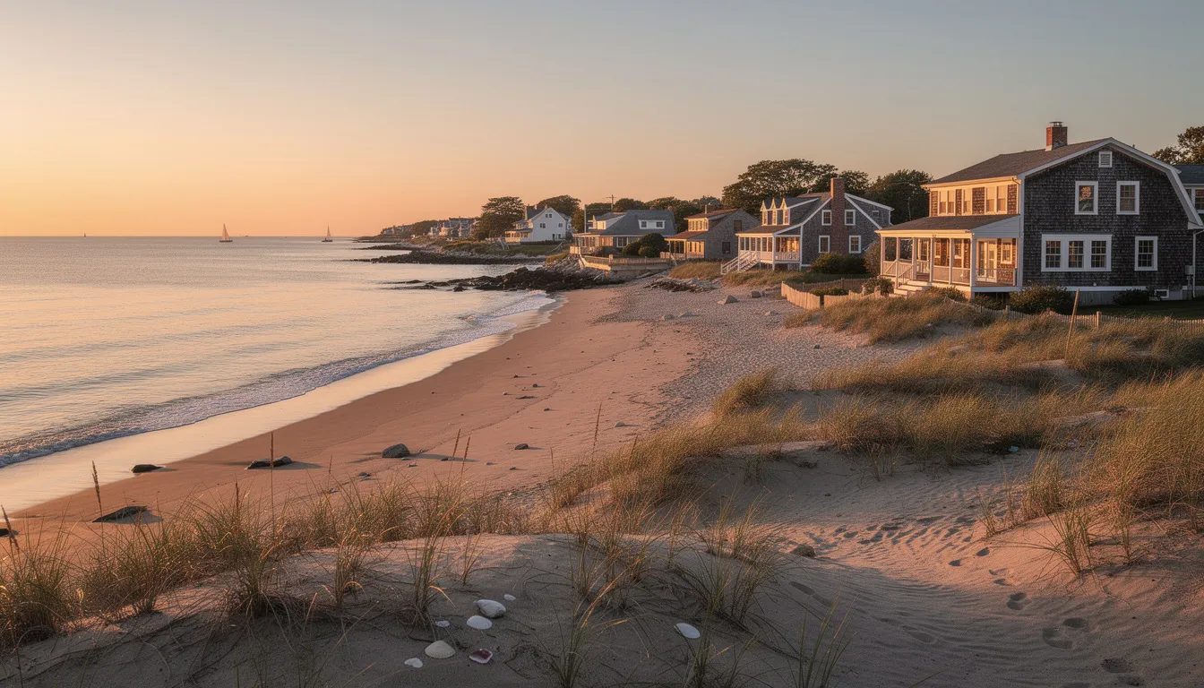 The image depicts a picturesque Connecticut shoreline at golden hour, showcasing charming coastal homes lining a sandy beach bathed in warm light. This scenic view highlights the appeal of off market homes in Connecticut, attracting both real estate investors and other buyers interested in unique property types along the coast.